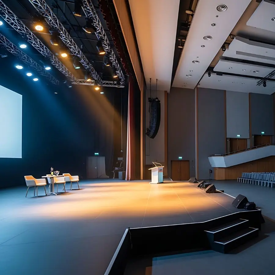 Professional performance venue with presentation stage, large display, line array audio system, and theatrical lighting.