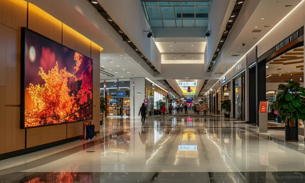 Shopping mall corridor featuring a large LED digital signage video wall for visitor communication and brand engagement.