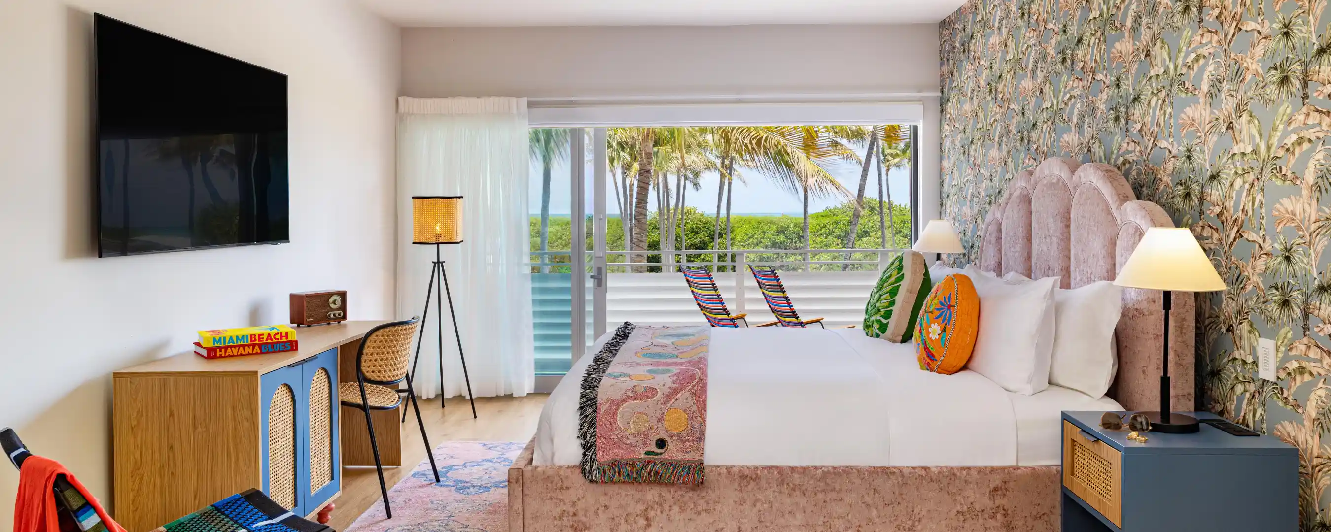Boutique hotel guest room with contemporary interior design and ocean view.