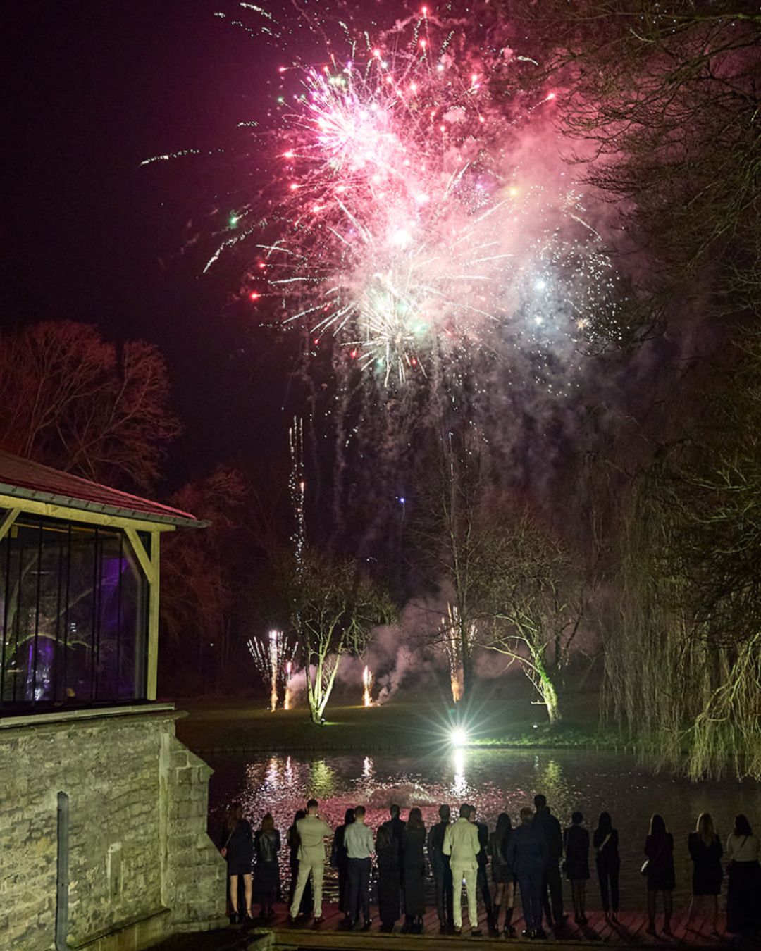 Vue d'ensemble du spectacle pyrotechnique sur mesure réalisé par les artificiers certifiés Wagnon Events pour un événement d'entreprise au Château du Biez, lieu de prestige en Belgique.