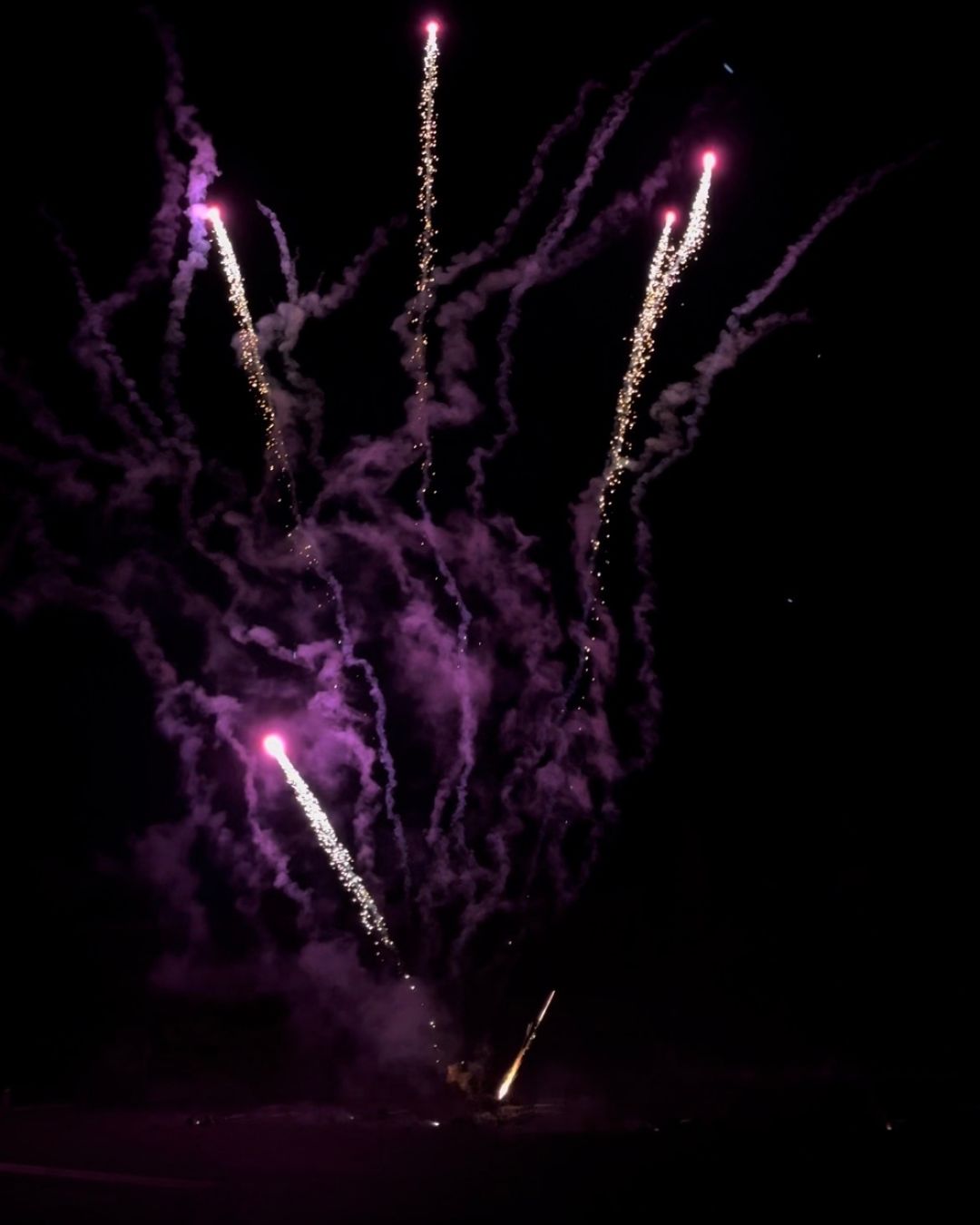 Trois fusées de feux d'artifice silencieux aux reflets violets et dorés s'élançant dans le ciel nocturne lors d'un événement privé, spectacle pyrotechnique à faible détonation signé Wagnon Events en Normandie et Hauts-de-France.