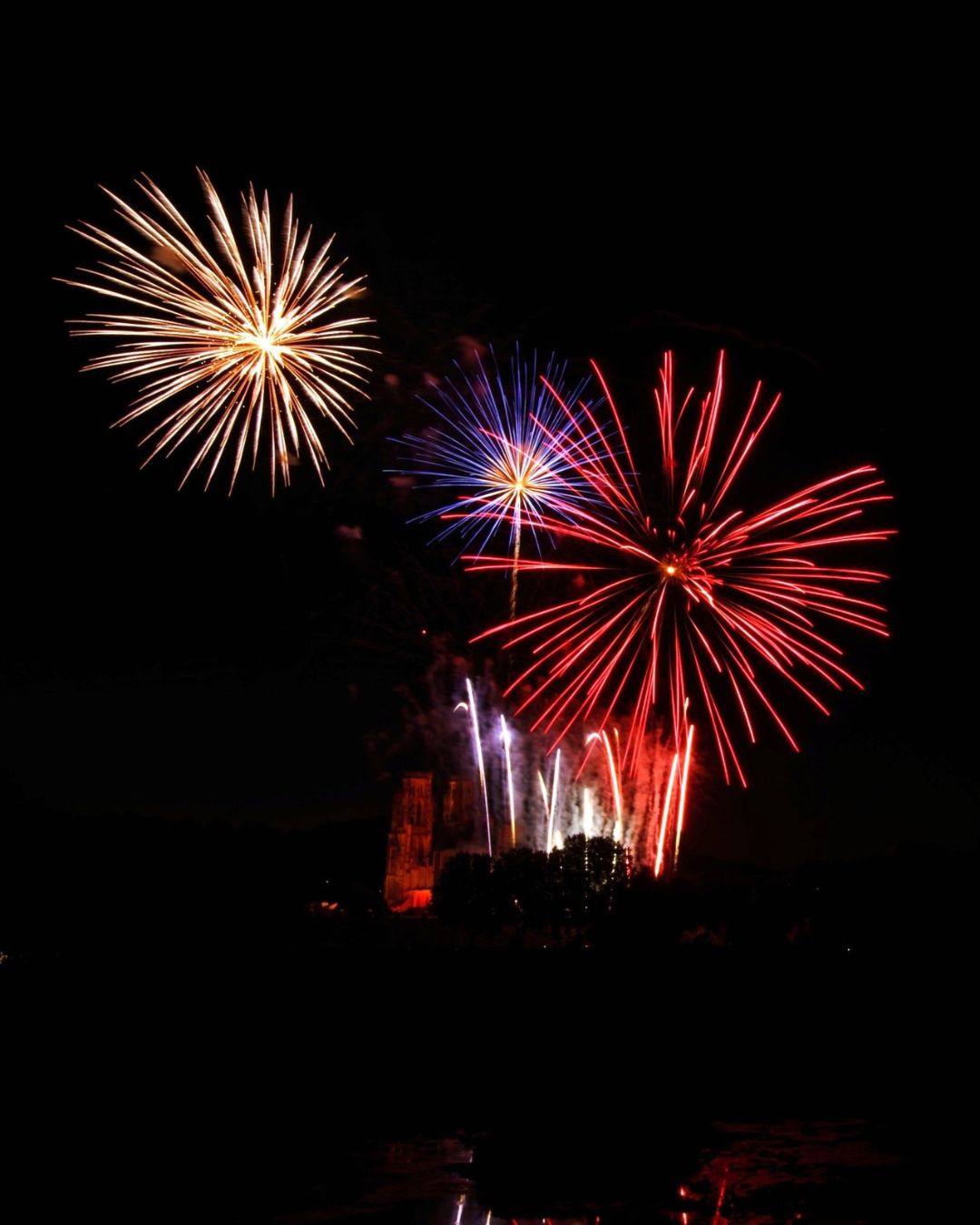 Gerbes de feux d'artifice rouge, bleu et doré illuminant le ciel de Toul en Meurthe-et-Moselle lors des célébrations du 14 juillet face à la cathédrale Saint-Étienne, spectacle musical signé Wagnon Events.