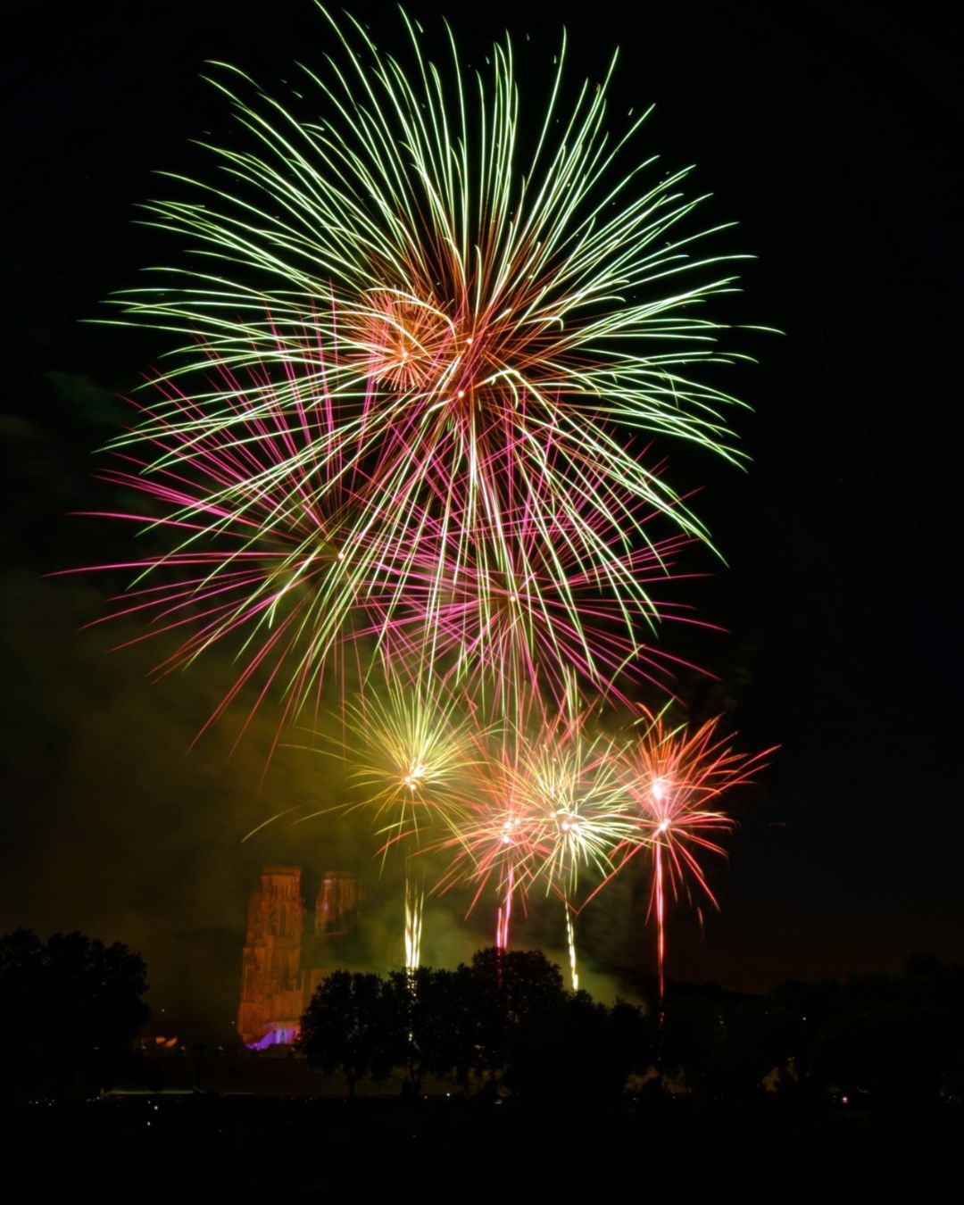 Bouquet de feux d'artifice vert et rose explosant au-dessus de la cathédrale Saint-Étienne de Toul lors du spectacle pyrotechnique musical du 14 juillet tiré depuis les remparts Vauban, réalisé par Wagnon Events Grand Est.