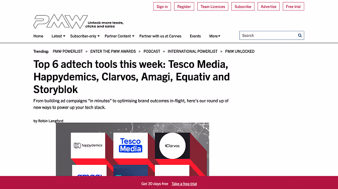 Top 6 adtech tools this week: Tesco Media, Happydemics, Clarvos, Amagi, Equativ and Storyblok
