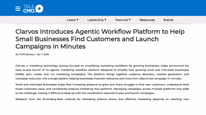 Clarvos Introduces Agentic Workflow Platform to Help Small Businesses Find Customers and Launch Campaigns in Minutes