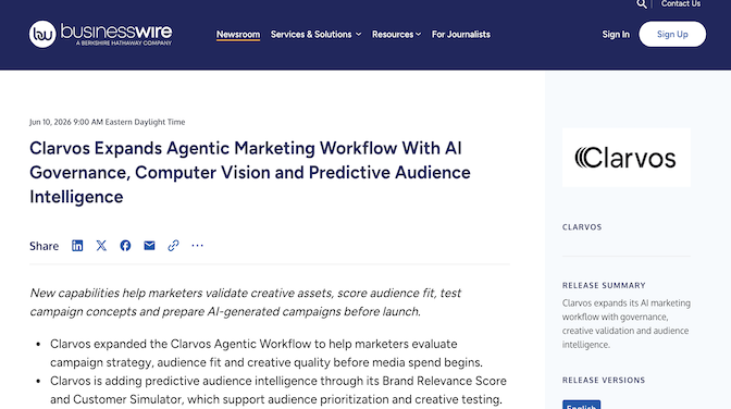 Press Release: Clarvos Expands Agentic Marketing Workflow With AI Governance