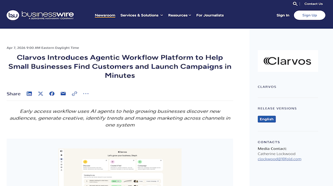 Press Release: Clarvos Introduces Agentic Workflow Platform to Help Small Businesses Find Customers and Launch Campaigns in Minutes