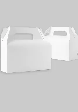 Duas embalagens de papel brancas para transporte de alimentos, com alças integradas.