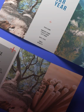 Dobras de papel personalizadas com temática de natureza, mostrando imagens de árvores e tubos, destacando um design gráfico moderno.
