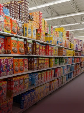Prateleiras em supermercado cheias de caixas coloridas de cereais matinais variadas.