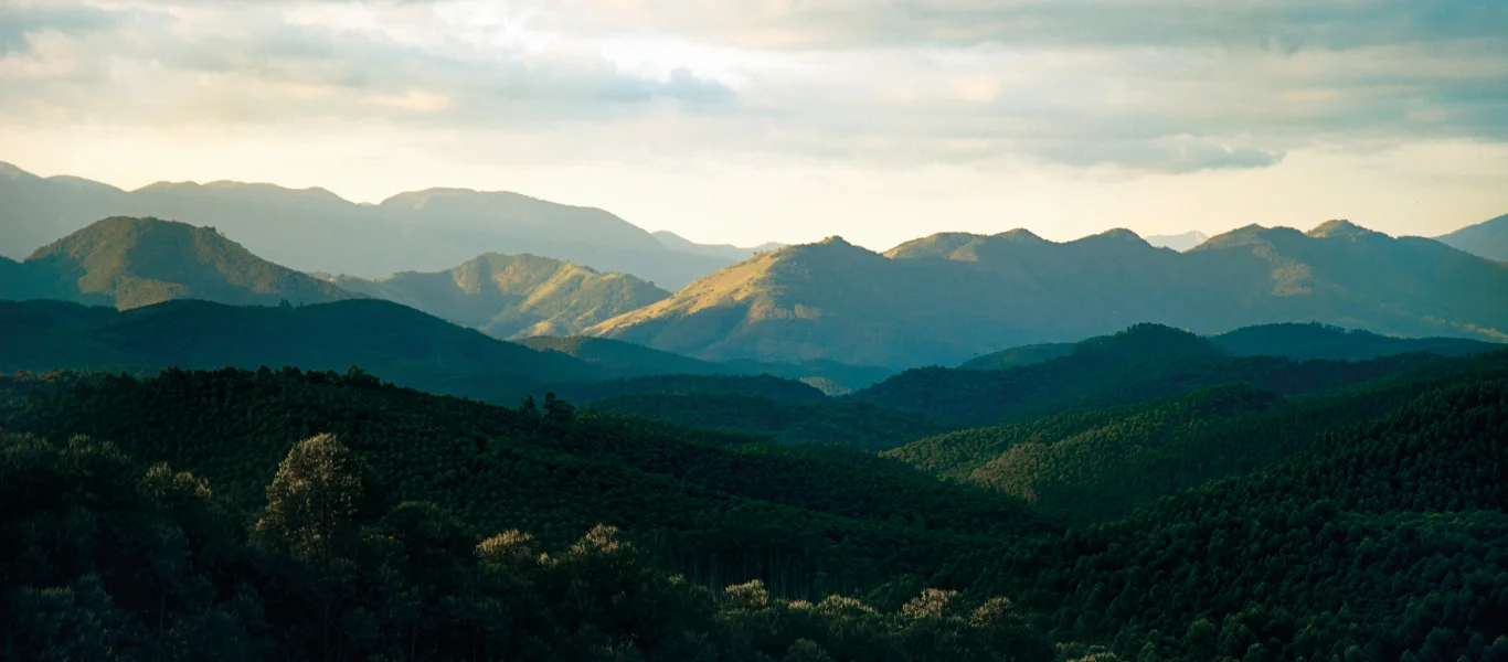 Paisagem de montanhas cobertas por vegetação densa sob céu nublado com luz solar incidindo sobre alguns picos.