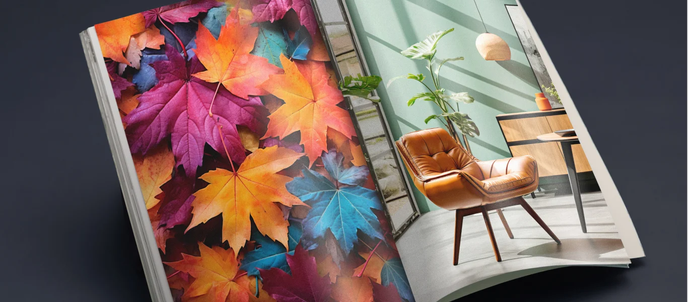 Revista aberta mostrando uma página com folhas coloridas outonais e outra com uma cadeira de couro marrom em uma sala iluminada.