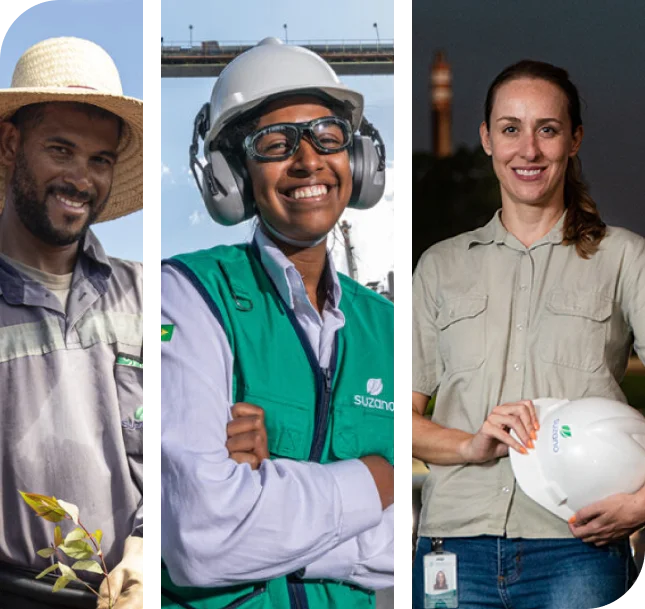 Três profissionais da �ڰ������� em diferentes ambientes de trabalho: um com chapéu segurando uma planta, outro com capacete e protetor auricular, e uma mulher com crachá segurando capacete branco.