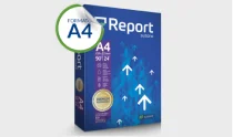 Pacote de papel A4 da marca Report com 90 g/m² e 500 folhas.
