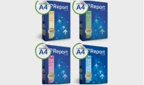 Quatro caixas de papel para imprimir e escrever A4 Report em quatro cores diferentes: amarela, verde, rosa e azul escuro.