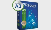 Caixa do programa Formata A3 Report para impressão, escrita e papel, com design azul e verde.