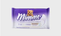 Pacote de lenços umedecidos Mimmo com urso amarelo ao lado da marca.