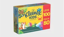 Caixa de lenços de papel Kleenex Kids com 100 lenços, destacando uma oferta de pagar 80.
