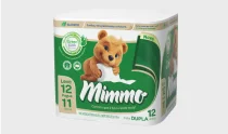 Pacote de papel higiênico Mimmo com 12 rolos duplos, embalagem verde e ursinho marrom na frente.