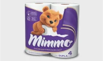 Pacote com quatro rolos de papel higiênico Mimmo Dupla com embalagem roxa e urso de pelúcia na frente.