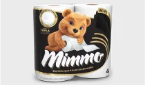 Pacote de papel higiênico Mimmo Tripla com desenho de urso marrom sorridente.