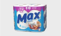 Pacote de papel higiênico Max Pure com 8 rolos e 60 metros cada.