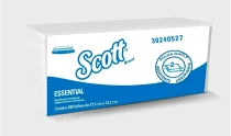 Caixa de papel toalha Scott Essential em branco e azul.
