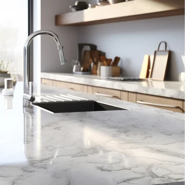 Pia de cozinha moderna com bancada de mármore branco e torneira metálica curva.