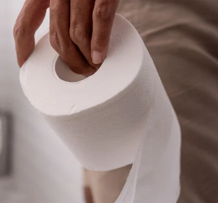 Mão segurando um rolo de papel higiênico branco com folha dupla.