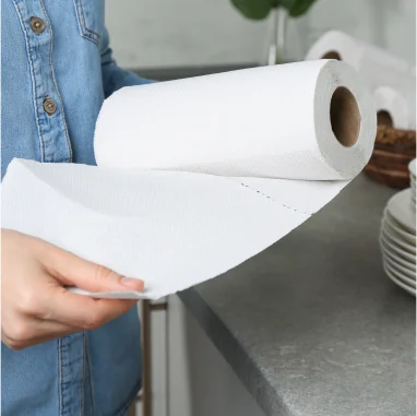 Pessoa segurando um rolo de papel toalha branco em uma cozinha com bancada cinza.