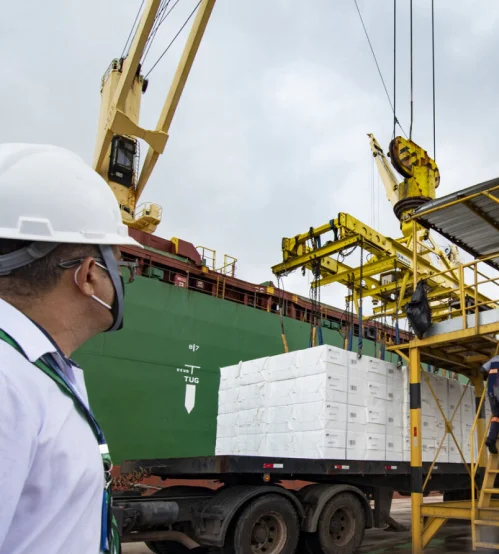 Trabalhador com capacete branco e máscara observa a carga sendo descarregada de um navio verde para um caminhão no porto.