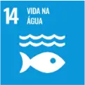 Ícone azul com número 14, três ondas brancas e um peixe branco, representando o objetivo de vida na água.