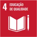 Ícone do Objetivo de Desenvolvimento Sustentável 4 da ONU, com livro aberto e lápis, representando educação de qualidade.