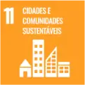 Ícone de prédios e casas com texto 'Cidades e Comunidades Sustentáveis' em fundo laranja.