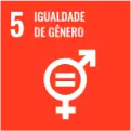 Símbolo de igualdade de gênero representado por um círculo com os símbolos masculino e feminino combinados e um sinal de igual no meio, sobre um fundo laranja com o texto '5 Igualdade de Gênero'.