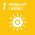 Ícone branco de botão de ligar com raios emanando, em fundo amarelo com texto '7 Energia Limpa e Acessível'.