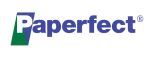 Logotipo da marca Paperfect com letras estilizadas em azul e verde.