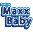 Logotipo da marca Maxx Baby com letras azuis e contorno branco.
