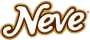 Logotipo da marca Neve em fonte cursiva com contorno branco e sombra marrom.