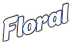 Logotipo da marca Floral em estilo de texto inclinado com contorno azul e sombra laranja.