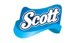 Logotipo da marca Scott em fundo azul com sombra branca.