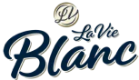 Logo da marca Le Vie Blanc com letras estilizadas em azul escuro e dourado.