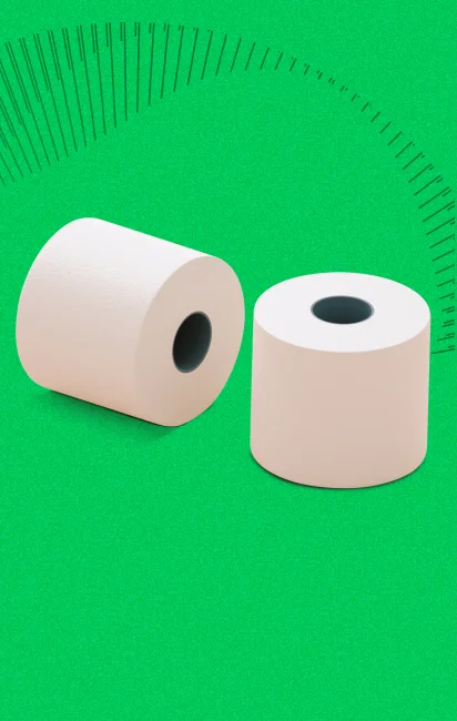 Duas rolos de papel higiênico branco sobre fundo verde com marcações circulares pretas.
