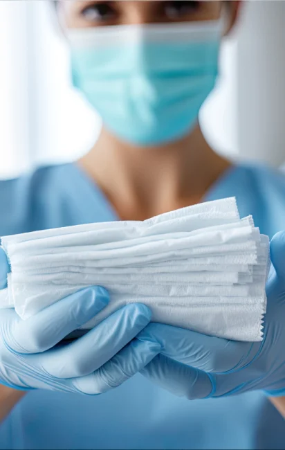 Profissional de saúde usando máscara e luvas azuis segurando várias máscaras brancas descartáveis.