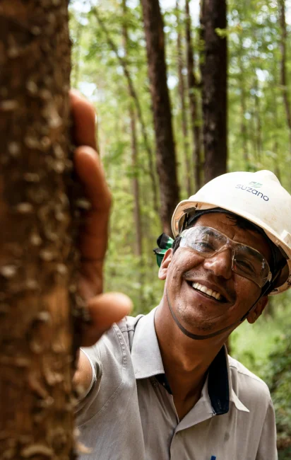 Homem sorridente usando capacete branco e óculos de proteção, tocando o tronco de uma árvore em uma floresta.
