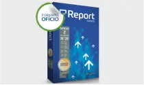 Caixa azul de software com o tÃtulo 'Report' e gráfico de setas para cima, mostrando crescimento financeiro.