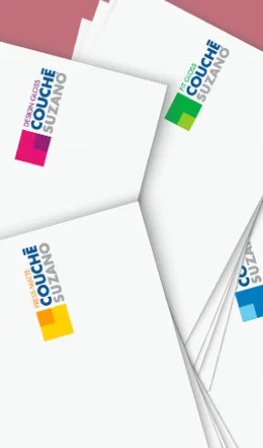 Conjuntos de papéis brancos com logotipos coloridos da marca Couché �ڰ������� em diferentes cores.