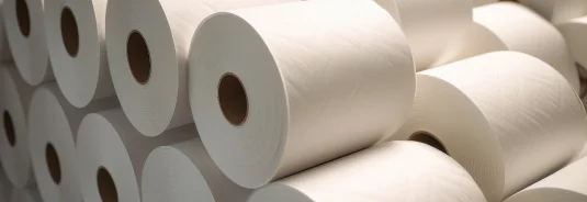 Várias rolos de papel higiênico empilhados lado a lado.