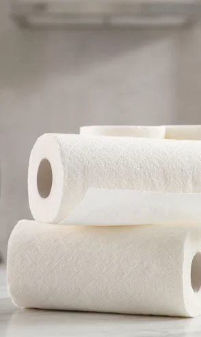 Três rolos de papel toalha branco empilhados sobre uma superfície clara.