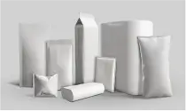 Vários tipos de embalagens brancas de papel, incluindo sacos, tubos e caixas, dispostos em fundo cinza claro.